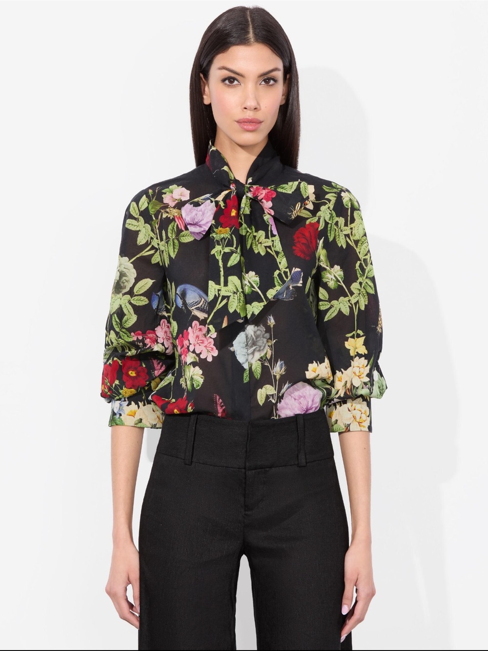 Alice + Olivia Black Floral Tie-Neck Blouse